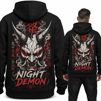 Bluza męska z kapturem „Night Demon” - japońska maska Oni z rogami, duży nadruk na plecach