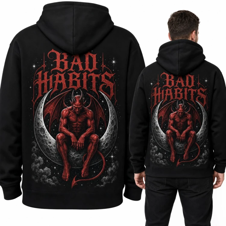 Bluza męska z kapturem - diabeł na półksiężycu „Bad Habits” - duży nadruk na plecach