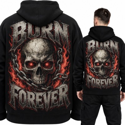 Bluza męska z kapturem „Burn forever” - czaszka w łańcuchach i płomieniach, duży nadruk na plecach