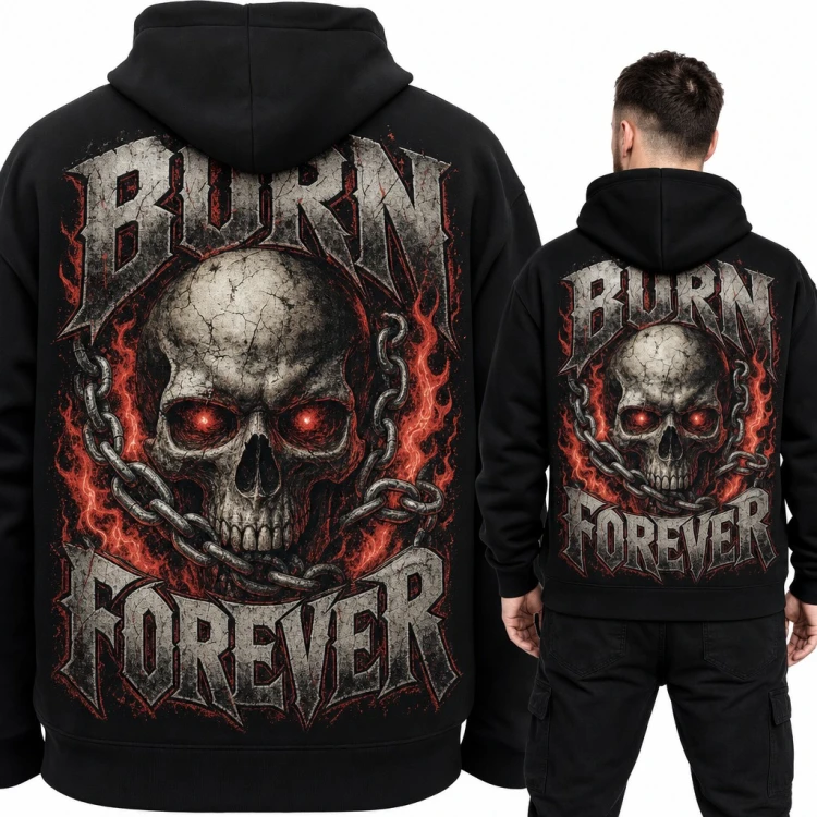 Bluza męska z kapturem „Burn forever” - czaszka w łańcuchach i płomieniach, duży nadruk na plecach