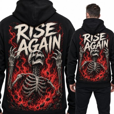 Bluza męska z kapturem - szkielet w płomieniach „Rise Again” - duży nadruk na plecach