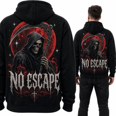 Bluza męska z kapturem - Ponury Żniwiarz z kosą „No Escape” - duży nadruk na plecach