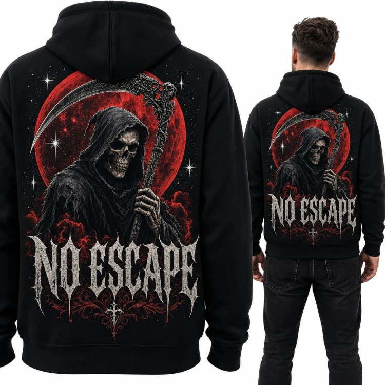 Bluza męska z kapturem - Ponury Żniwiarz z kosą „No Escape” - duży nadruk na plecach