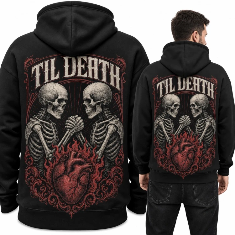 Bluza męska z kapturem - szkielety i płonące serce „Til death” - duży nadruk na plecach