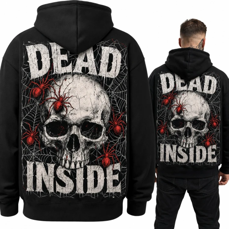 Bluza męska z kapturem „Dead inside” - czaszka z czerwonymi pająkami, duży nadruk na plecach