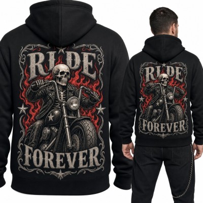 Bluza męska z kapturem - szkielet na chopperze w płomieniach „Ride Forever” - duży nadruk na plecach