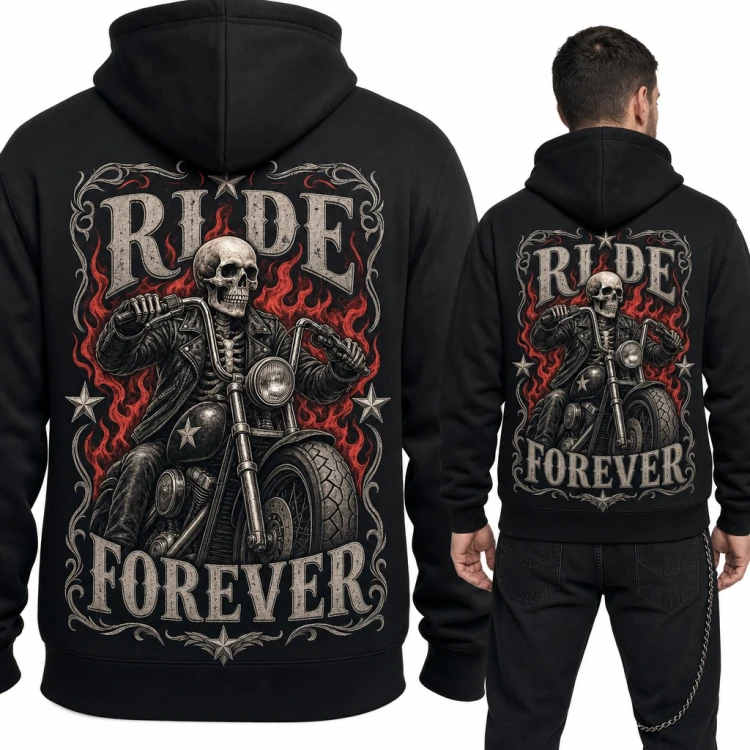 Bluza męska z kapturem - szkielet na chopperze w płomieniach „Ride Forever” - duży nadruk na plecach