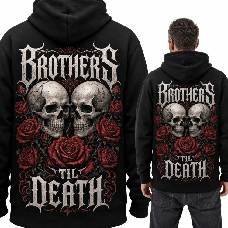 Bluza męska z kapturem „Brothers til death” - czaszki i czerwone róże, duży nadruk na plecach