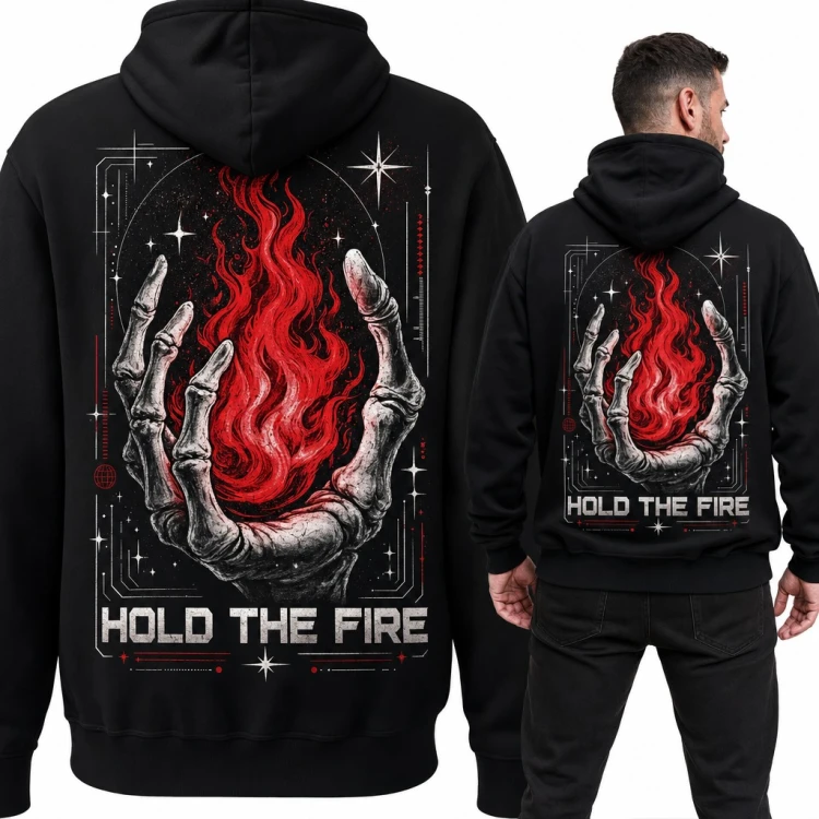 Bluza męska z kapturem „Hold the fire” - dłoń szkieletu z płomieniem, duży nadruk na plecach