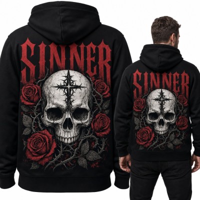 Bluza męska z kapturem „Sinner” - czaszka z cierniowym krzyżem i różami, duży nadruk na plecach