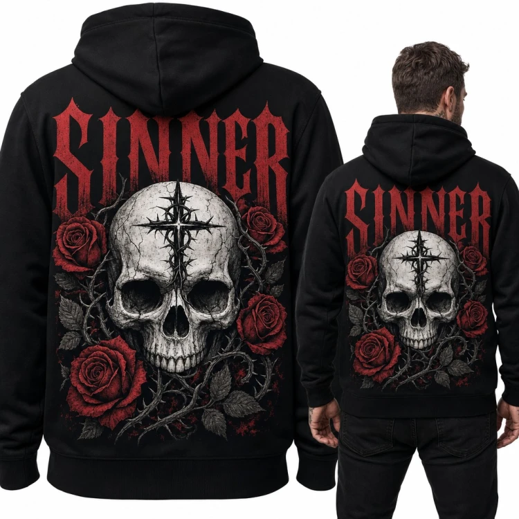 Bluza męska z kapturem „Sinner” - czaszka z cierniowym krzyżem i różami, duży nadruk na plecach
