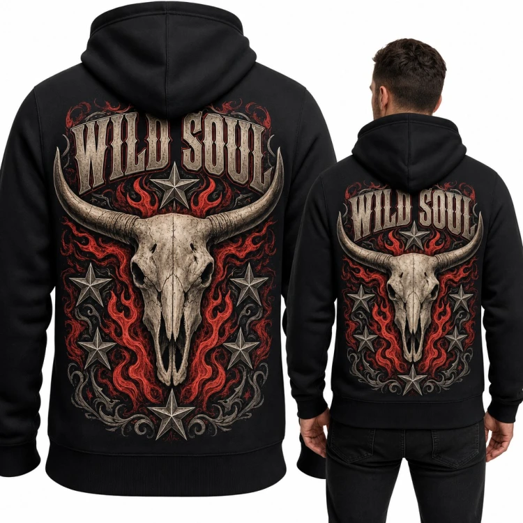 Bluza męska z kapturem „Wild Soul” - czaszka byka w płomieniach, duży nadruk na plecach