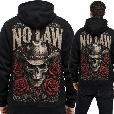 Bluza męska z kapturem - czaszka kowboja w różach „No Law” - duży nadruk na plecach