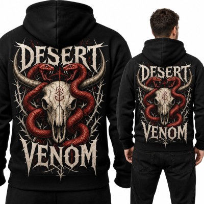 Bluza męska z kapturem - czaszka byka z czerwonymi wężami „Desert Venom” - duży nadruk na plecach