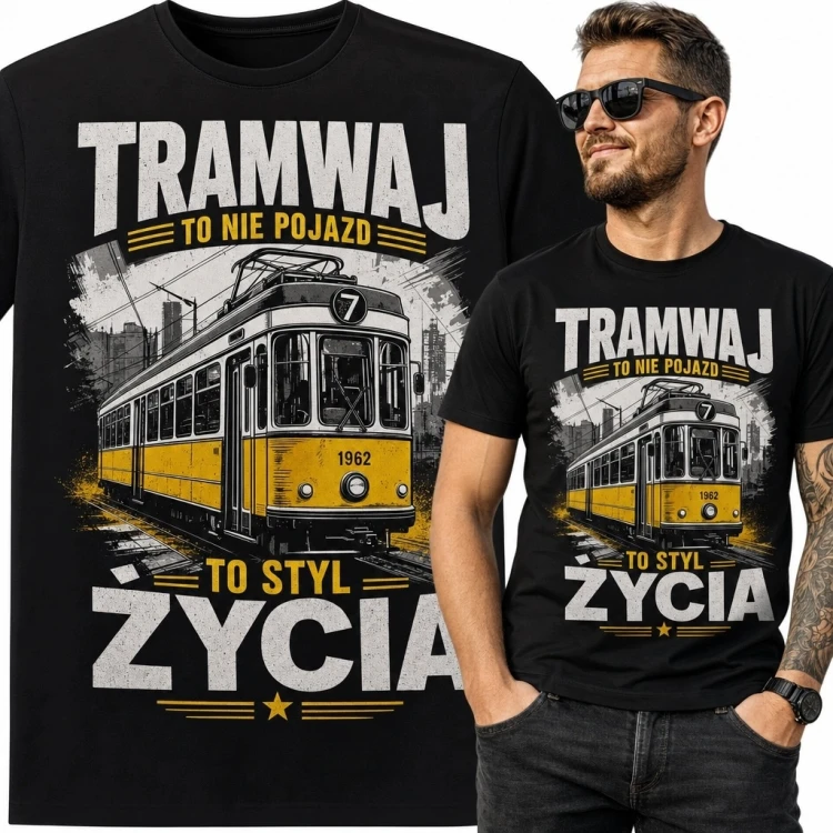 Koszulka męska z retro tramwajem „Tramwaj to nie pojazd - to styl życia” - dla fana komunikacji miejskiej