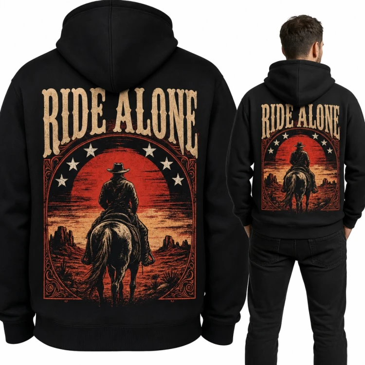 Bluza męska z kapturem - kowboj na koniu „Ride Alone” w stylu western - duży nadruk na plecach