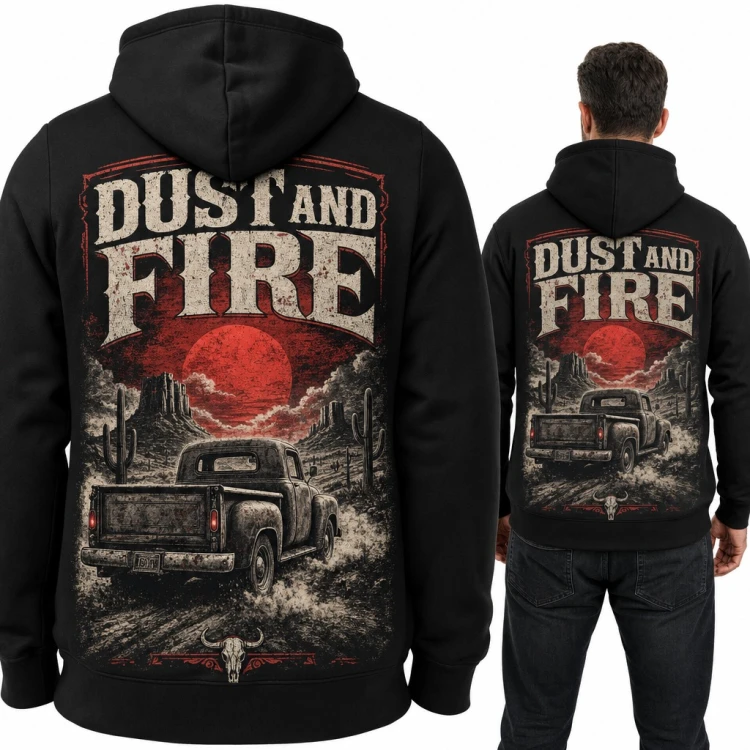 Bluza męska z kapturem „Dust and Fire” - stary pickup na pustyni, duży nadruk na plecach