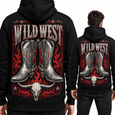 Bluza męska z kapturem „Wild West” - kowbojskie buty z ostrogami i czaszka byka - duży nadruk na plecach