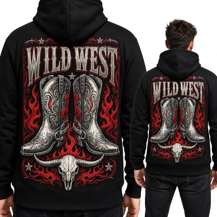 Bluza męska z kapturem „Wild West” - kowbojskie buty z ostrogami i czaszka byka - duży nadruk na plecach