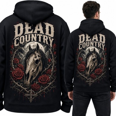 Bluza męska z kapturem „Dead Country” - czaszka konia w różach, duży nadruk na plecach