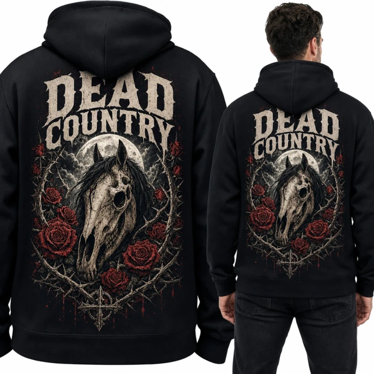 Bluza męska z kapturem „Dead Country” - czaszka konia w różach, duży nadruk na plecach