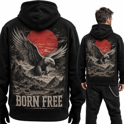Bluza męska z kapturem - orzeł nad górami i czerwone słońce „Born free” - duży nadruk na plecach