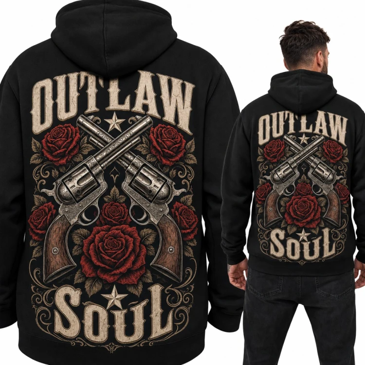 Bluza męska z kapturem „Outlaw soul” - skrzyżowane rewolwery i czerwone róże, duży nadruk na plecach