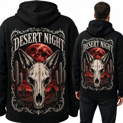 Bluza męska z kapturem „Desert Night” - czaszka kojota i czerwony księżyc, duży nadruk na plecach