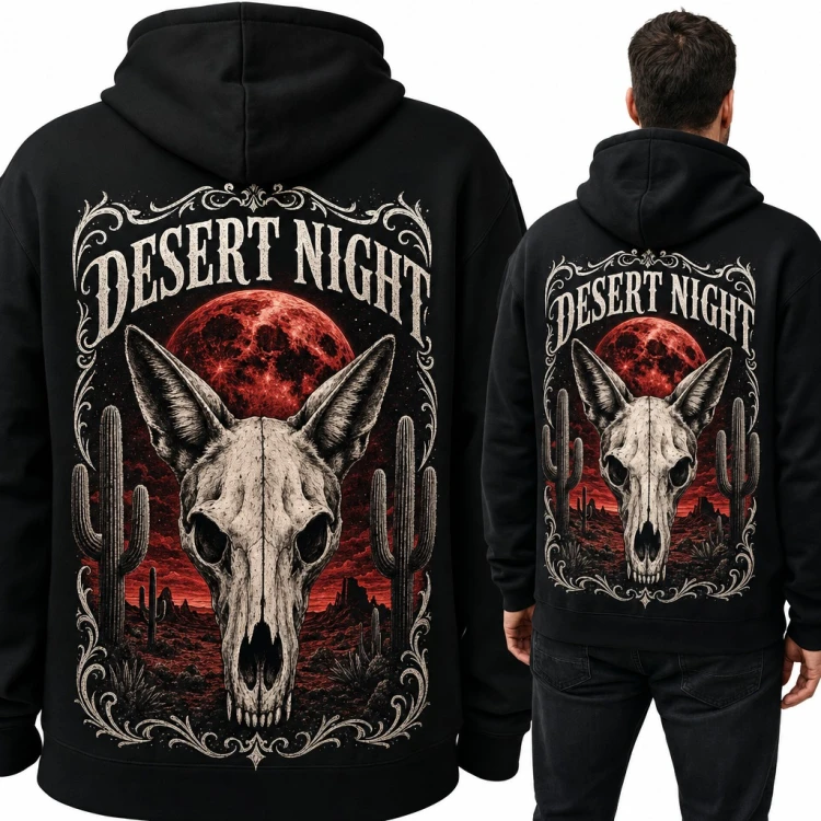 Bluza męska z kapturem „Desert Night” - czaszka kojota i czerwony księżyc, duży nadruk na plecach