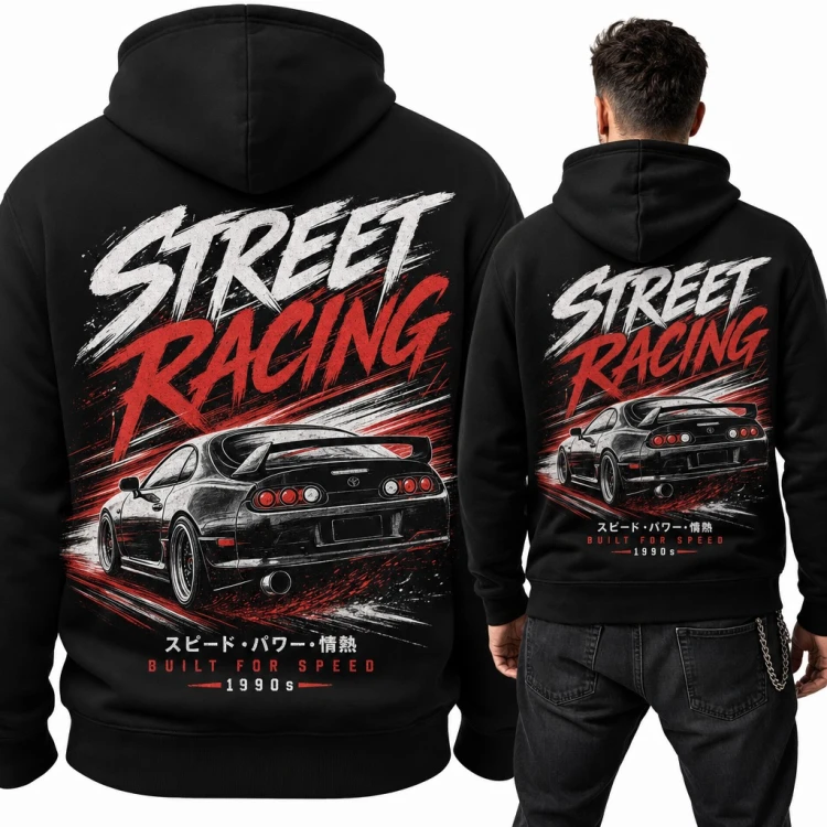 Bluza męska z kapturem „Street Racing” - japońskie auto JDM z lat 90, duży nadruk na plecach