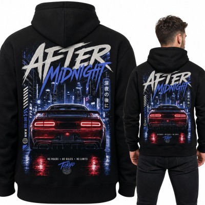Bluza męska z kapturem „After Midnight” - nocne auto w Tokio, duży nadruk na plecach
