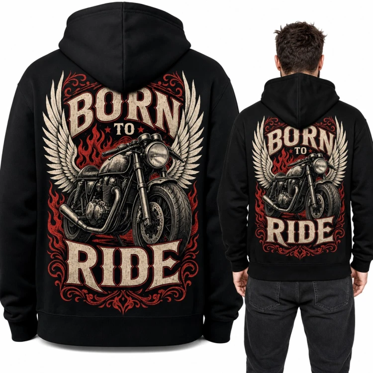 Bluza męska z kapturem „Born to ride” - motocykl ze skrzydłami dla motocyklisty, duży nadruk na plecach