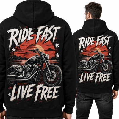 Bluza męska z kapturem - motocykl cruiser i napis „Ride fast live free” - duży nadruk na plecach