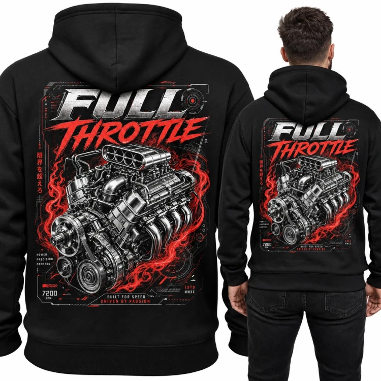 Bluza męska z kapturem „Full Throttle” - silnik V8 w płomieniach, duży nadruk na plecach