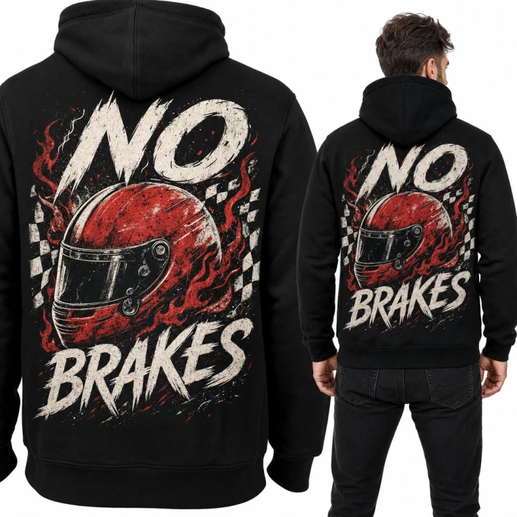 Bluza męska z kapturem - kask wyścigowy w płomieniach „No brakes” - duży nadruk na plecach