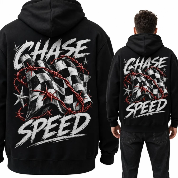 Bluza męska z kapturem „Chase speed” - flaga wyścigowa w drucie kolczastym, duży nadruk na plecach