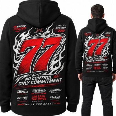 Bluza męska z kapturem - wyścigowa 77 w płomieniach „No control only commitment” - duży nadruk na plecach