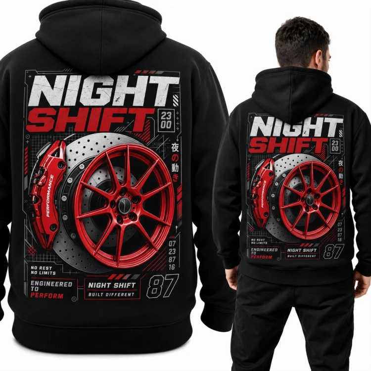 Bluza męska z kapturem „Night Shift” - czerwona felga i hamulec JDM, duży nadruk na plecach