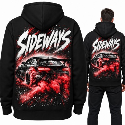 Bluza męska z kapturem - drift auto w czerwonym dymie „Sideways” - duży nadruk na plecach
