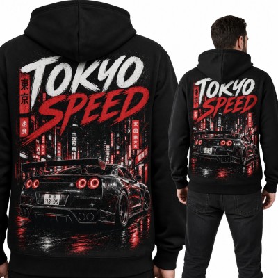 Bluza męska z kapturem „Tokyo Speed” - auto JDM na nocnej ulicy, duży nadruk na plecach