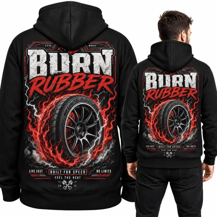 Bluza męska z kapturem „Burn rubber” - płonąca opona i drift - duży nadruk na plecach
