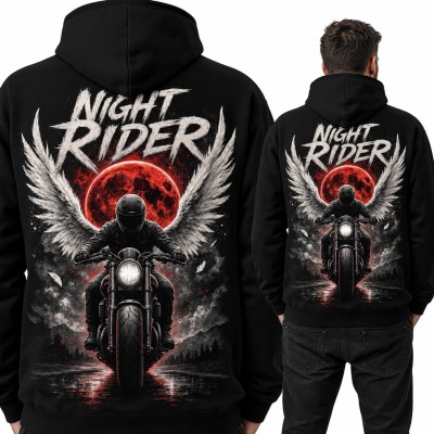 Bluza męska z kapturem „Night Rider” - motocyklista ze skrzydłami i czerwony księżyc, duży nadruk na plecach