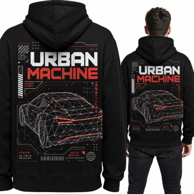 Bluza męska z kapturem - futurystyczne auto „Urban Machine” w stylu cyberpunk - duży nadruk na plecach