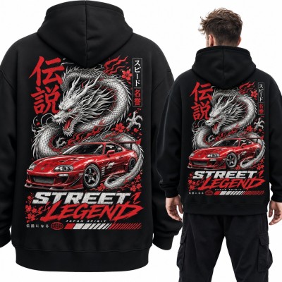 Bluza męska z kapturem - smok i czerwone auto JDM „Street Legend” - duży nadruk na plecach