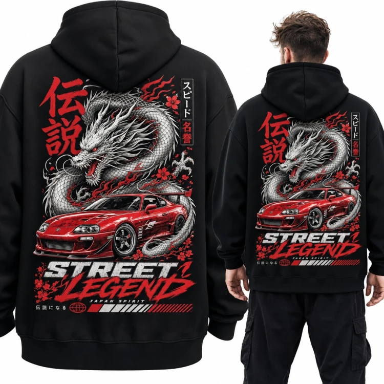 Bluza męska z kapturem - smok i czerwone auto JDM „Street Legend” - duży nadruk na plecach
