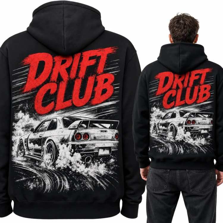 Bluza męska z kapturem „Drift club” - auto JDM w dymie z opon - duży nadruk na plecach