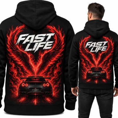 Bluza męska z kapturem „Fast Life” - sportowe auto w ognistych skrzydłach, duży nadruk na plecach