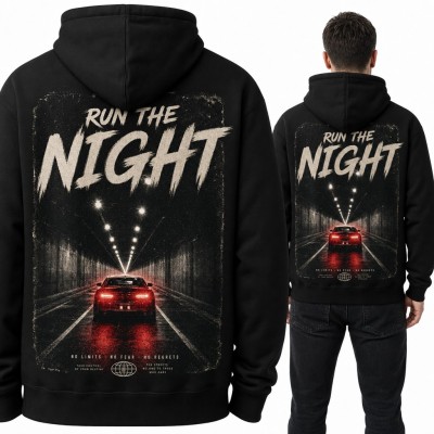 Bluza męska z kapturem - auto w nocnym tunelu „Run the Night” - duży nadruk na plecach