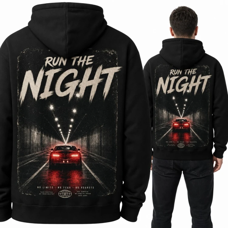 Bluza męska z kapturem - auto w nocnym tunelu „Run the Night” - duży nadruk na plecach