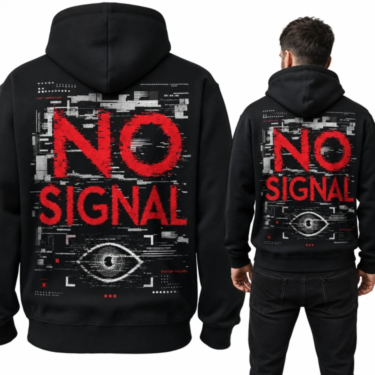 Bluza męska z kapturem „No Signal” glitch z okiem - duży nadruk na plecach